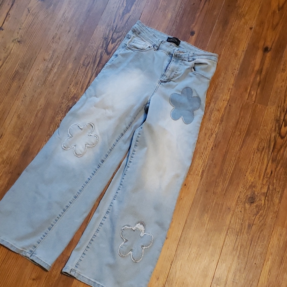 Kids Light Blue Floral Patch Jeans - Casual Wide Leg